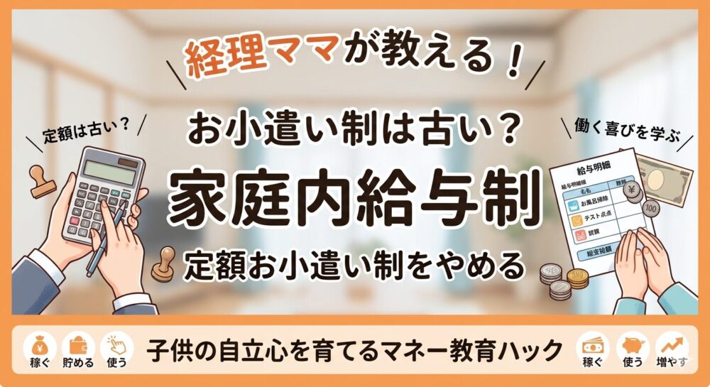 電卓を持つ経理ママから手作りの給与明細とお小遣いを受け取る子供の手。家庭内給与制で子供の自立心を育てるマネー教育のアイキャッチ画像。