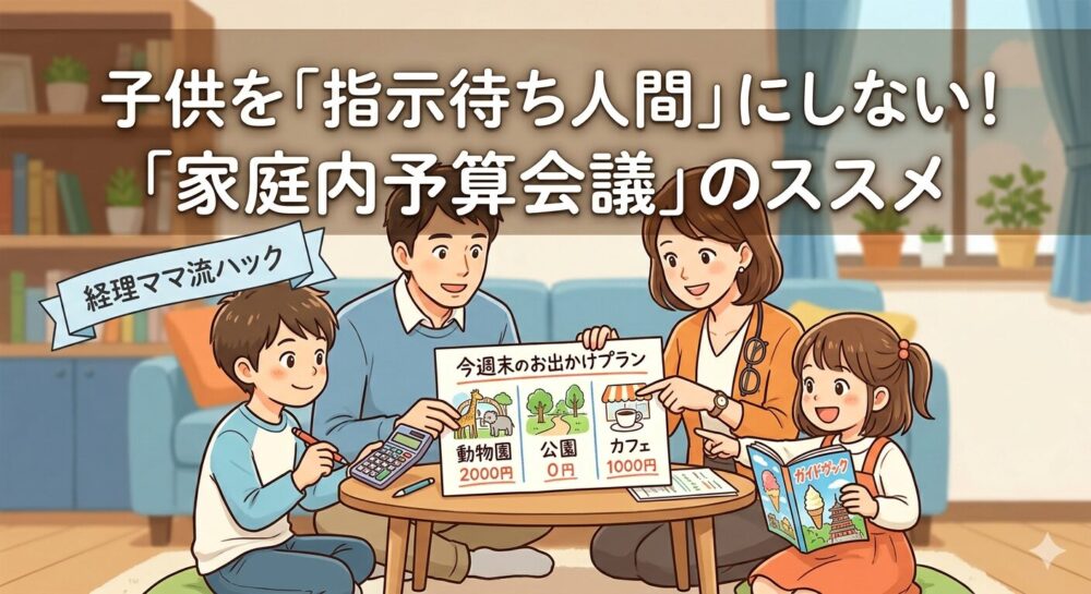 リビングで家族4人が「今週末のお出かけプラン」と書かれたボードを囲み、予算会議をしているイラスト。ボードには動物園、公園、カフェの選択肢と金額が書かれており、子供たちが電卓やガイドブックを持って熱心に参加している様子。上部には「子供を指示待ち人間にしない！家庭内予算会議のススメ」というタイトルが入っている。