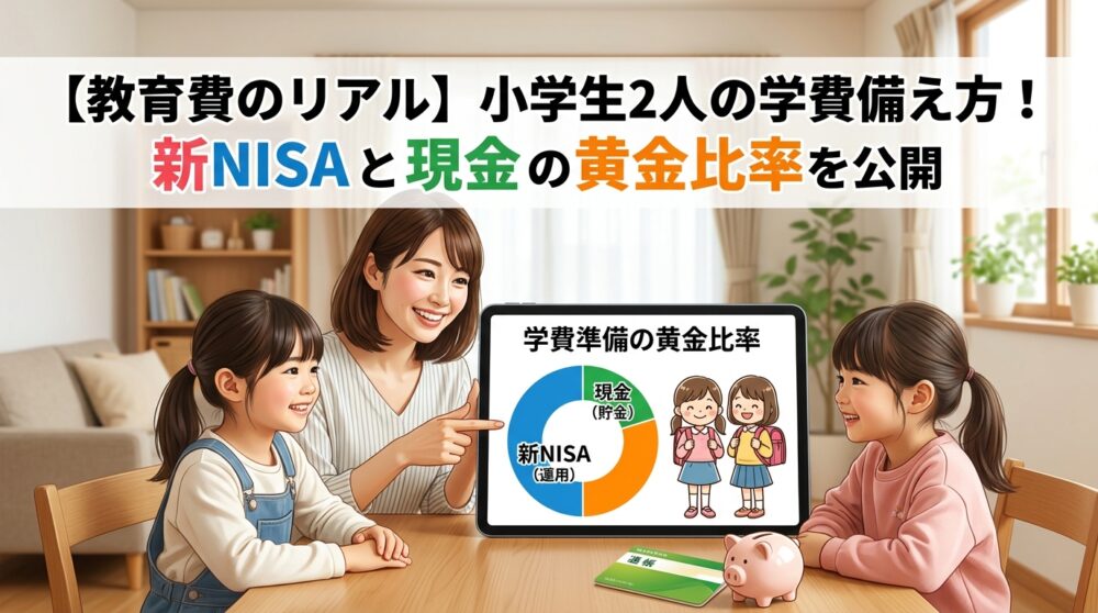 笑顔の母親と二人の娘が、タブレットに表示された「学費準備の黄金比率」の円グラフ（新NISAと現金）を指さして見ている様子。