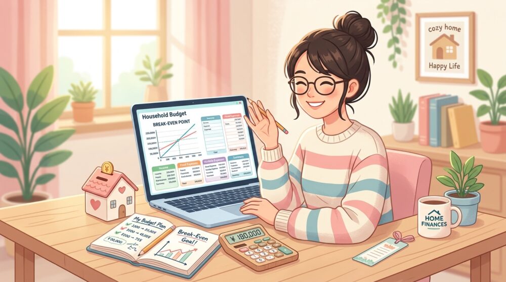 ノートパソコンと家計簿で損益分岐点を計算する笑顔の女性イラスト