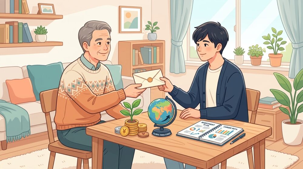 父から息子へ手紙を手渡す温かい雰囲気のイラスト。デスクにはコインから伸びる若芽や地球儀、ノートが置かれ、お金・働き方・人生訓を象徴しています。