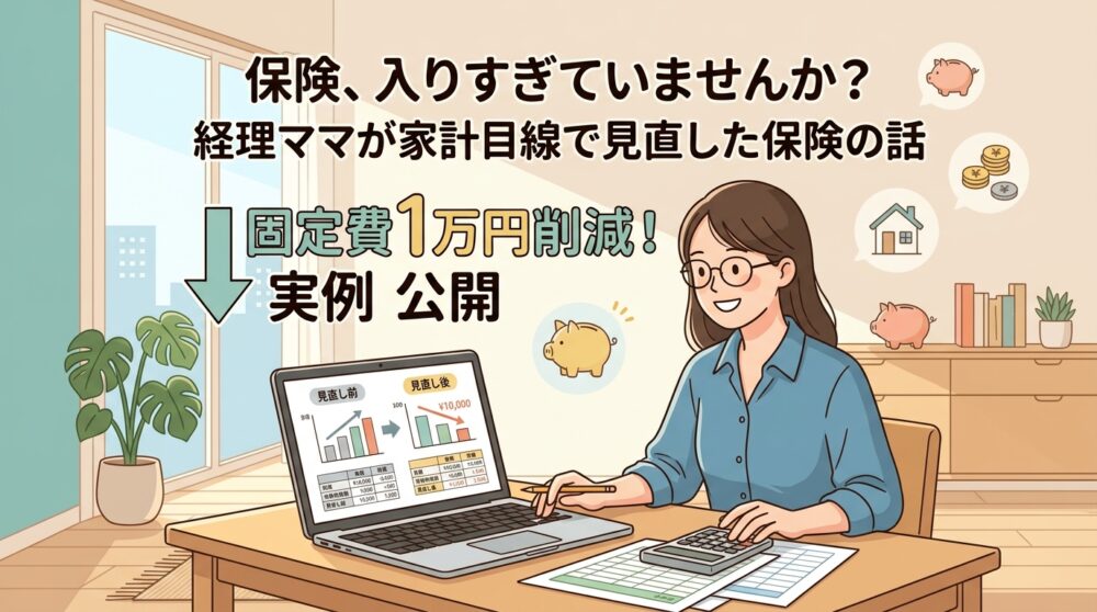 日当たりの良いリビングで、デスクに向かい笑顔で計算機をたたく眼鏡をかけた女性。デスク上のラップトップには保険見直しのBefore/Afterを示すグラフが表示され、周囲には「保険、入りすぎていませんか？」「固定費1万円削減！実例公開」といったテキストや、貯金箱、コイン、住宅のアイコンが配置されている。