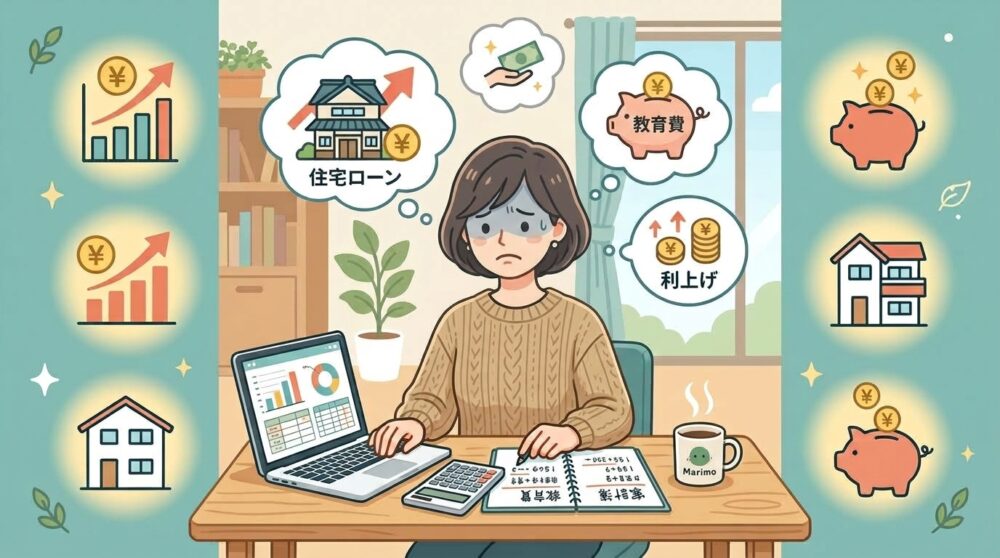 利上げニュースや住宅ローン・教育費の影響に少し困った表情で、デスクのパソコンや電卓を使って家計を点検する女性のイラスト。