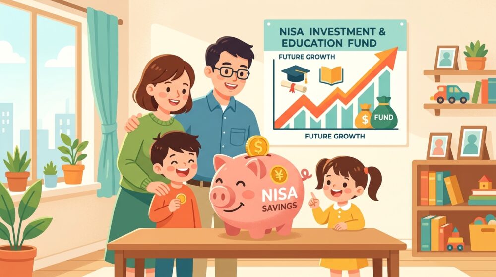 新NISAを活用した教育費積立をイメージした、笑顔で積立グラフレポートや貯金箱を囲む子育て世帯ファミリーのイラスト